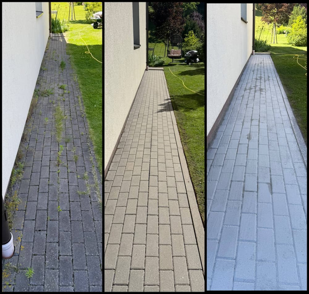 Trinkelių takelio šalia namo atnaujinimas: žolių šalinimas, trinkelių plovimas ir atsijų užšlavimas (vaizdas prieš ir po)