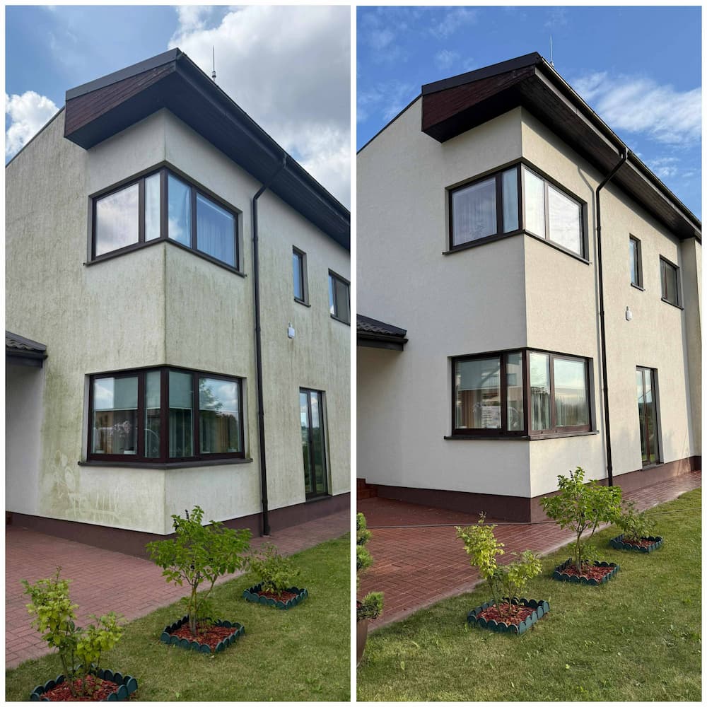 Samanomis padengto nuosavo namo fasado plovimas aukštu slėgiu