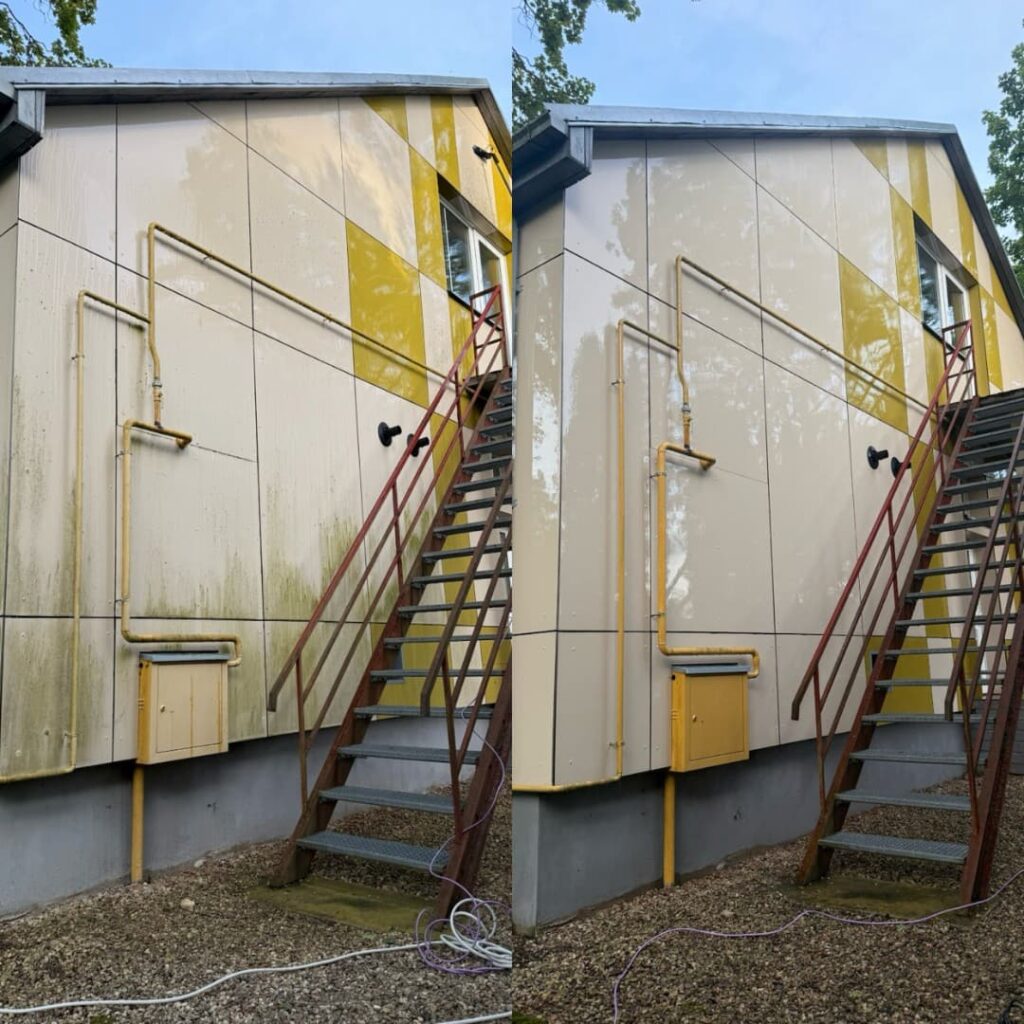 Įmonės pastato fasado plovimas aukštu slėgiu