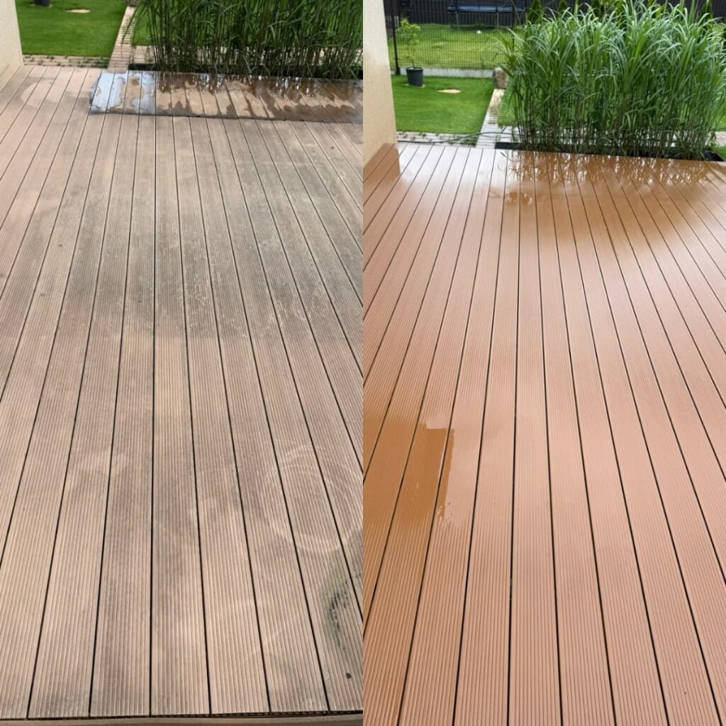 Medinių terasų plovimas nuo samanų aukštu slėgiu