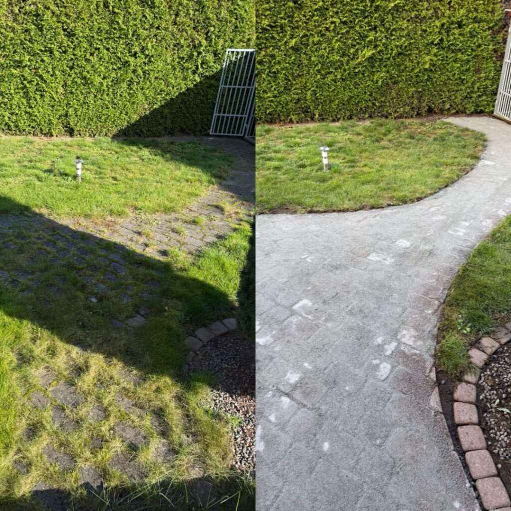 Galinio kiemo trinkelių plovimas, žolės ir samanų naikinimas aukštu slėgiu