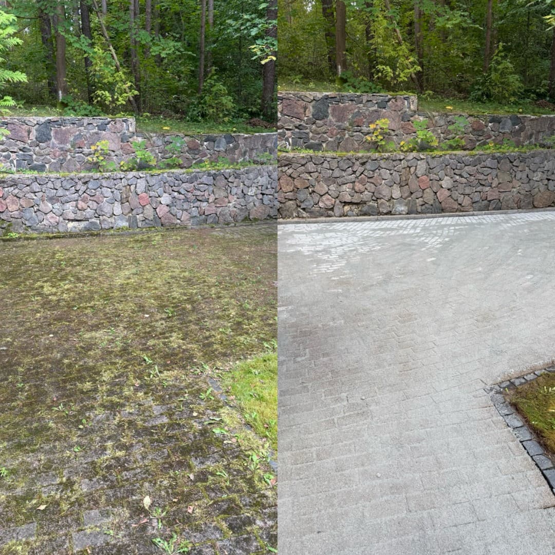 Galinio kiemo trinkelių valymas nuo samanų su aukšto spaudimo įrenginiu