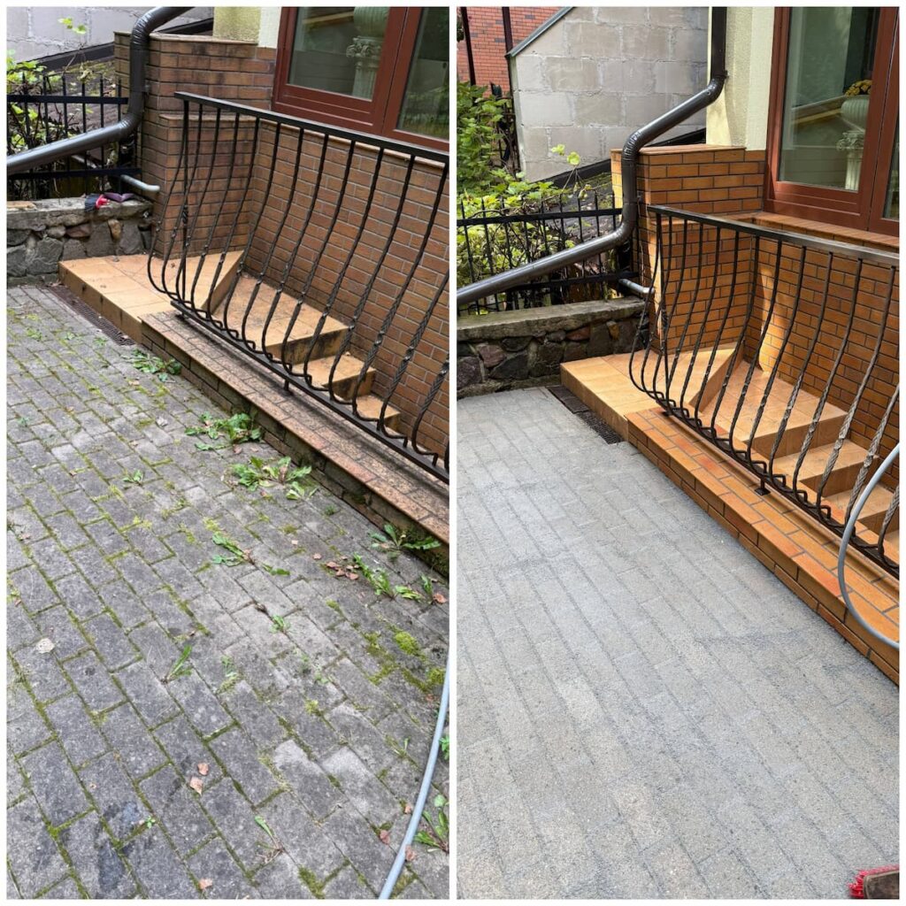 Trinkelių plovimas, akmens masės plytelių plovimas ir atsijų užslavimas galiniame kieme