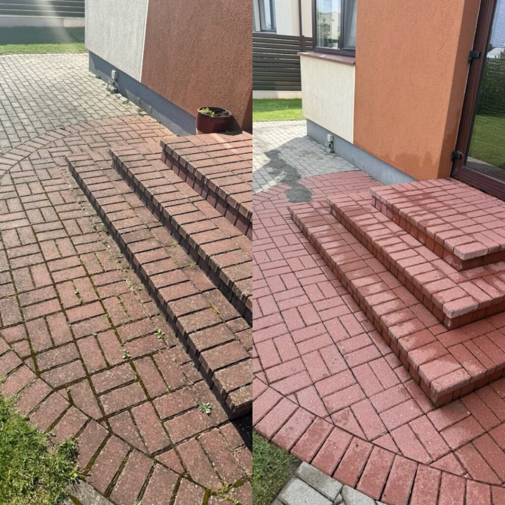 Laiptų iš trinkelių plovimas ir atsijų užšlavimas